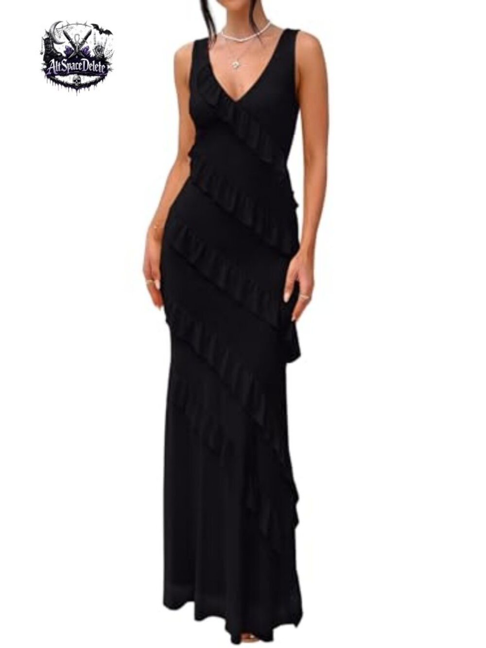 V Neck Mesh Ruffle Maxi Cocktail Wedding Guest Dress